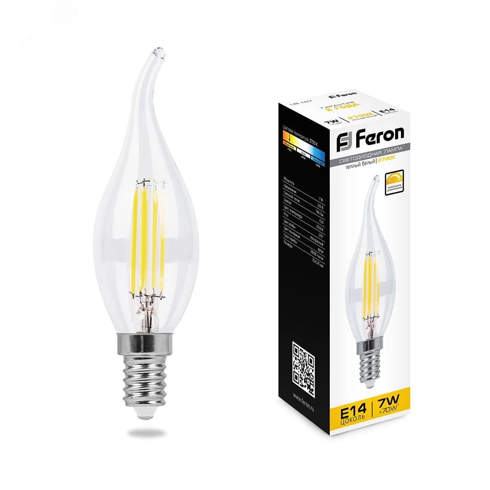 Лампа светодиодная LED 7вт Е14 теплый свеча на ветру FILAMENT диммируемая LB-167 25872 FERON
