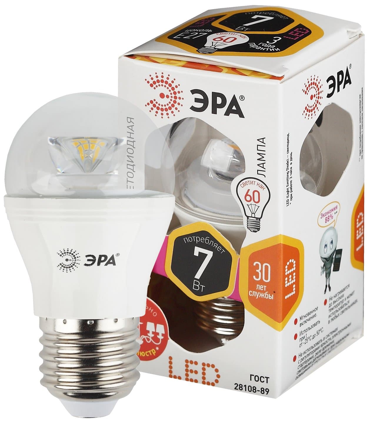 ЭРА LED P45-7W-827-E27-Clear (диод,шар,7Вт,тепл,E27)