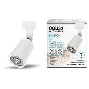Gauss Светильник трековый цилиндр 8W 600lm 4000K 180-220V IP20 59*164мм белый линза 50º LED 1/50 TR089