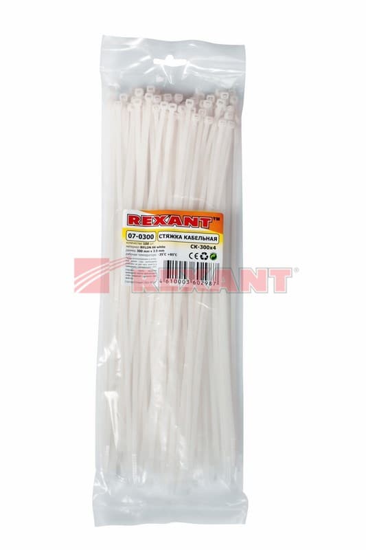 Хомут nylon 300 x 3,6 мм 100 шт белый Rexant 07-0300 — миниатюра 3