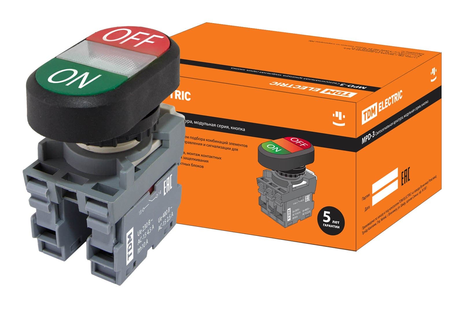 TDM Кнопка двойная MPD3-11С (зеленая/красная) (LED) в сборе d22мм/220В (ON/OFF) линза прозрачная SQ0747-0053