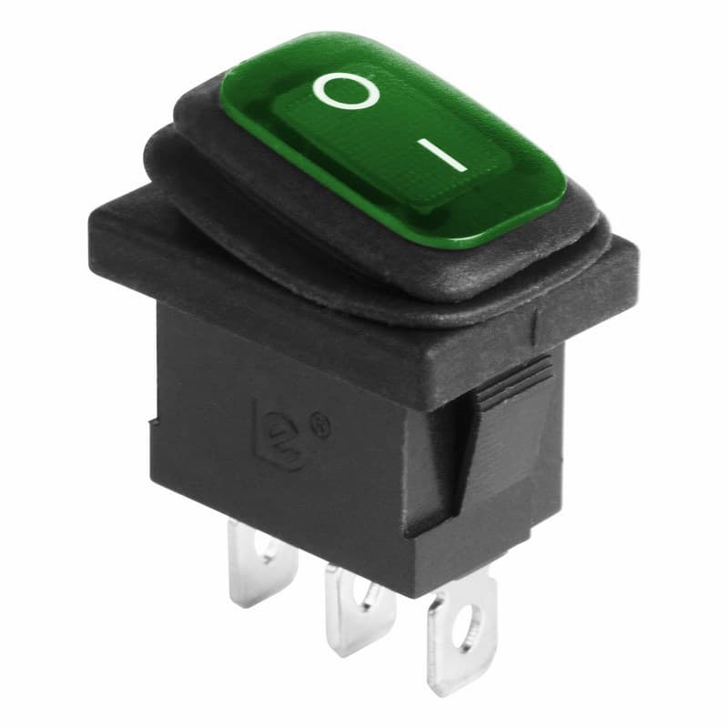 Выключатель клавишный 250V 6А (3с) ON-OFF зеленый с подсветкой Mini ВЛАГОЗАЩИТА Rexant 36-2178