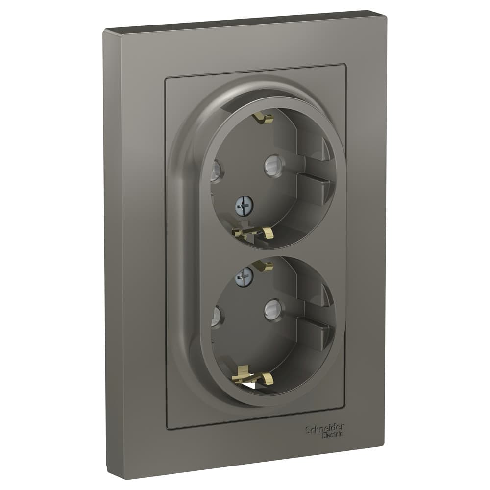 Systeme Electric AtlasDesign Сталь Розетка с/з двойная, со шторками, 16А, в сборе — миниатюра 1