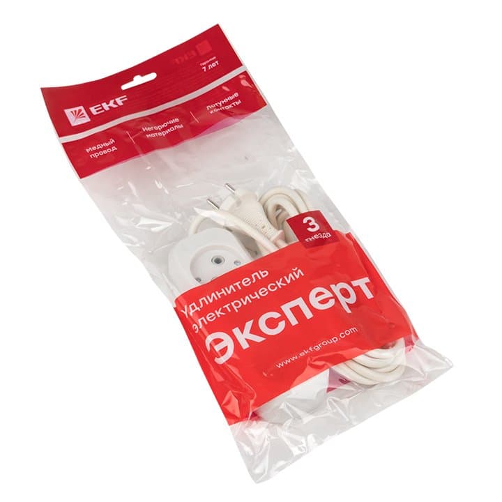 EKF PROxima Удлинитель "Эксперт" 3 гнезда 3 метра 10А/2,2кВт без заземления ПВС 2х0,75 — миниатюра 3