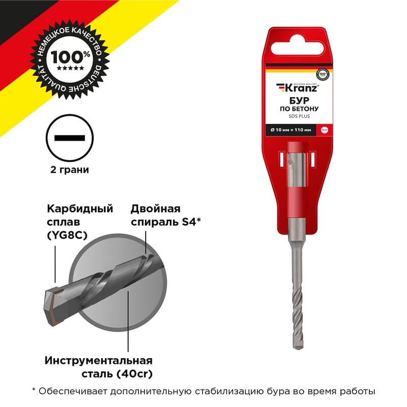 Бур по бетону 10x110x50 мм SDS PLUS Kranz KR-91-0029
