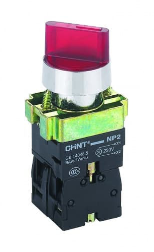 CHINT Переключатель NP2-BK13465, 3 положения с фиксацией 1НО+1НЗ, красная AC230В (LED) IP40
