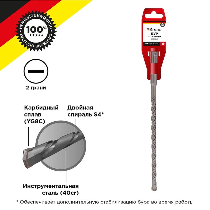Бур по бетону 8x210x150 мм SDS PLUS Kranz KR-91-0018