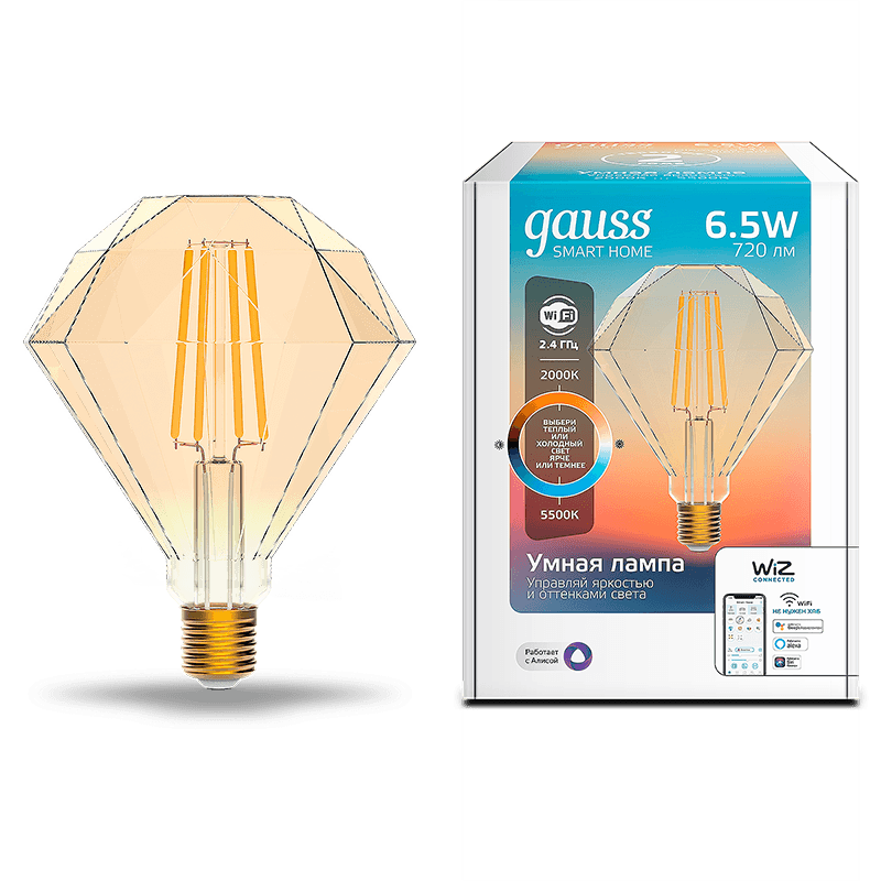 Gauss Лампа Smart Home Filament Diamond 6,5W 720lm 2000-5500К E27 изм.цвет.темпр.+дим. LED 1370112