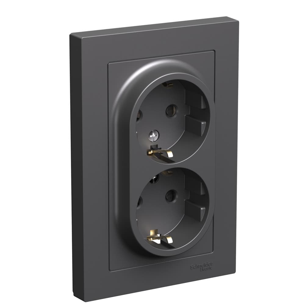 Systeme Electric AtlasDesign Базальт Розетка двойная с/з со шторками, 16А, в сборе