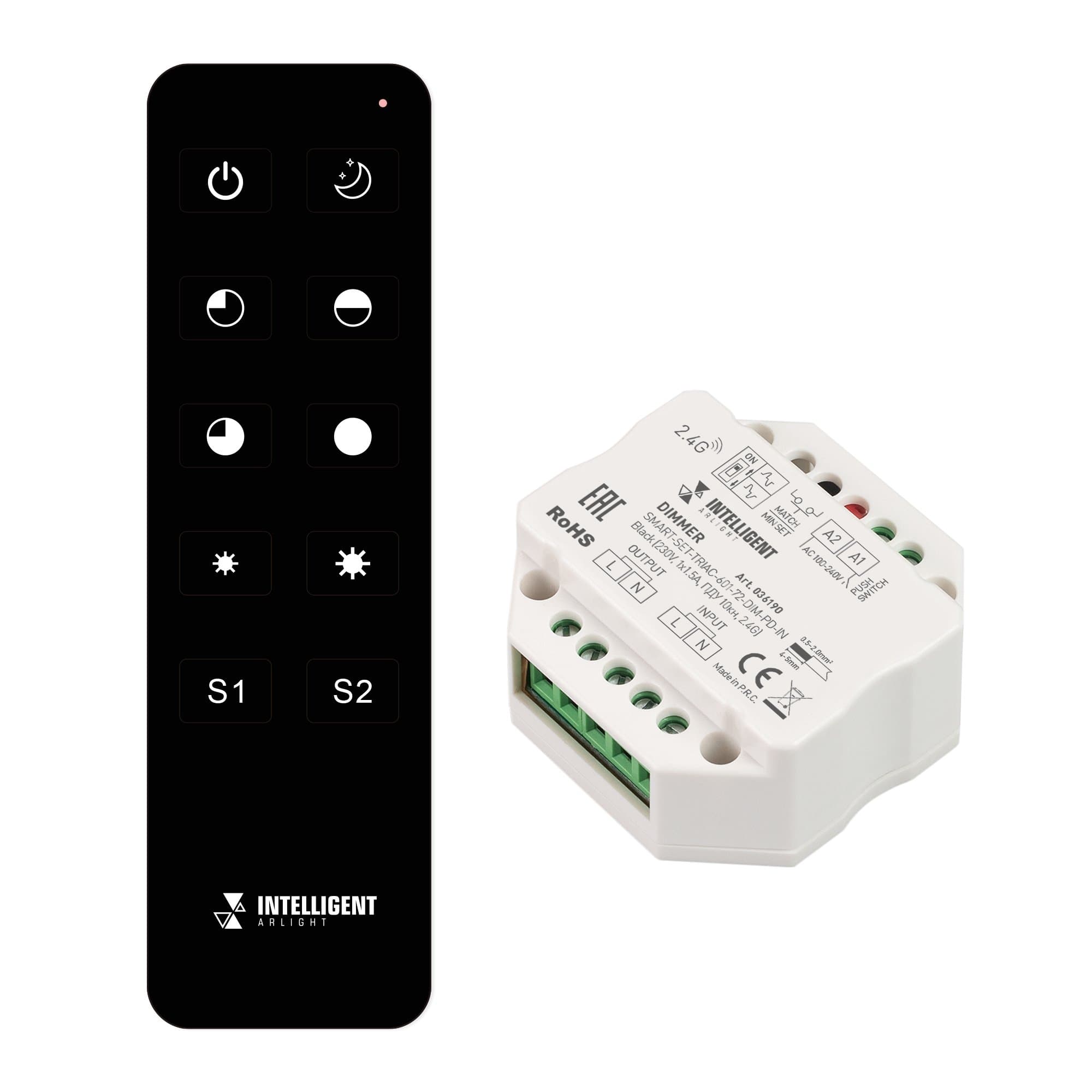Arlight INTELLIGENT ARLIGHT Диммер SMART-SET-TRIAC-601-72-DIM-PD-IN Black (230V, 1x1.5A, ПДУ 10кн, 2.4G) (IARL, IP20 Пластик, 5 лет) 036190