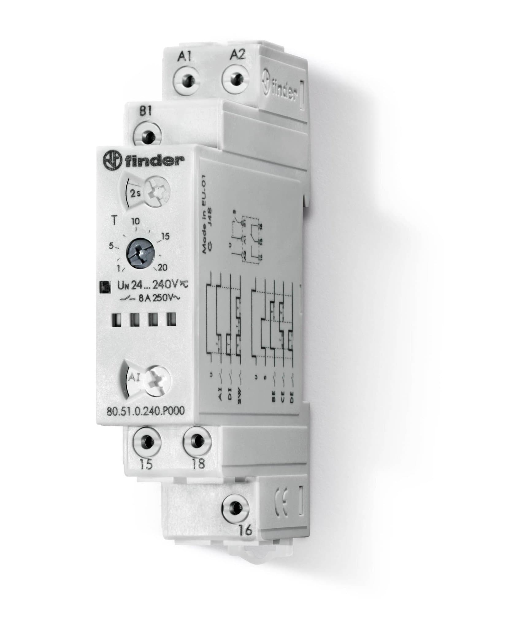 Finder Модульный таймер мультифункциональный (AI, DI, SW, BE, CE, DE); питание 24…240В АС/DC; 1CO 8A; ширина 17.5мм; регулировка времени 0.1с…24ч; без 80510240P000