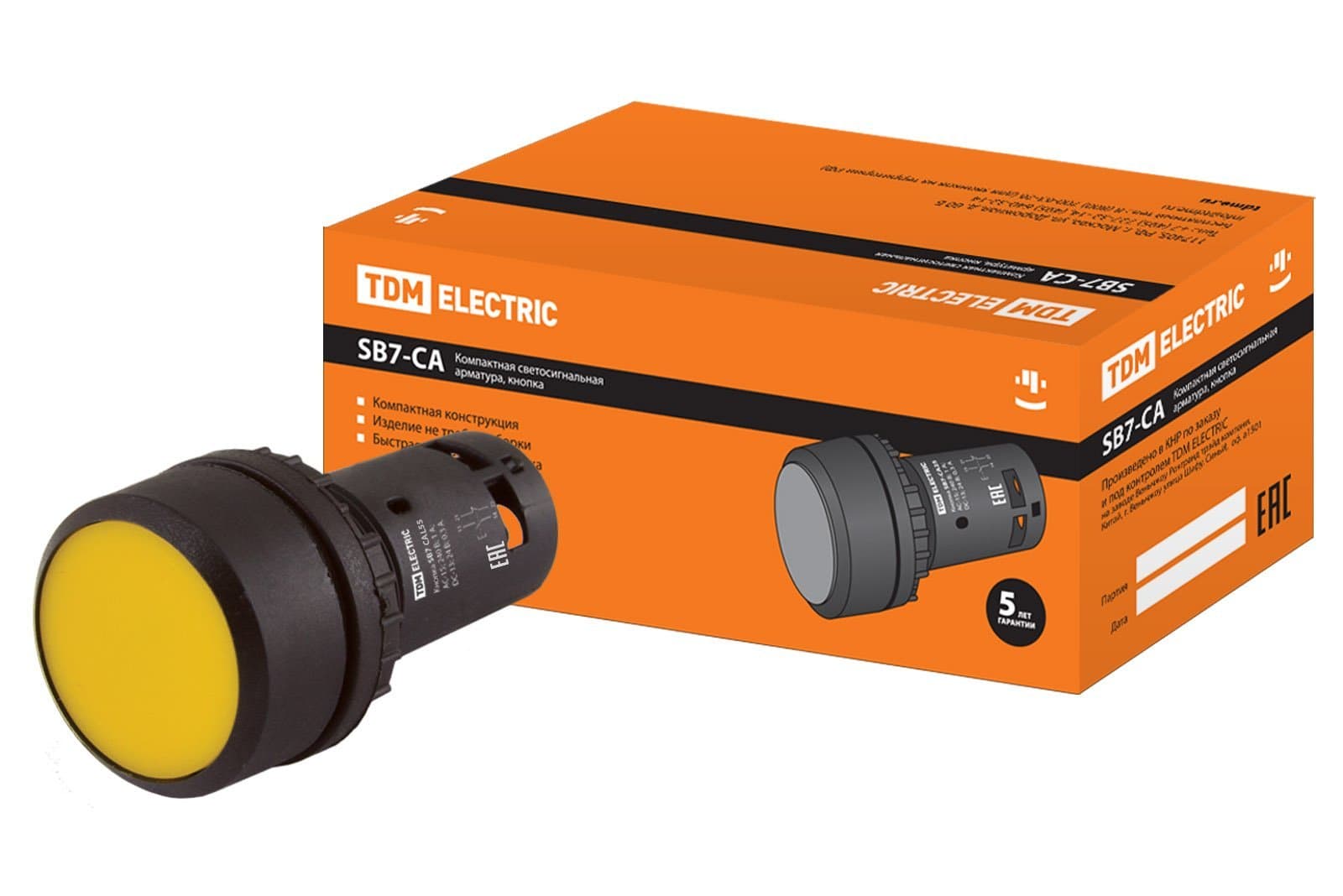 TDM Кнопка с фиксацией SB7-CAL55 d22мм 1з+1р желтая SQ0746-0016