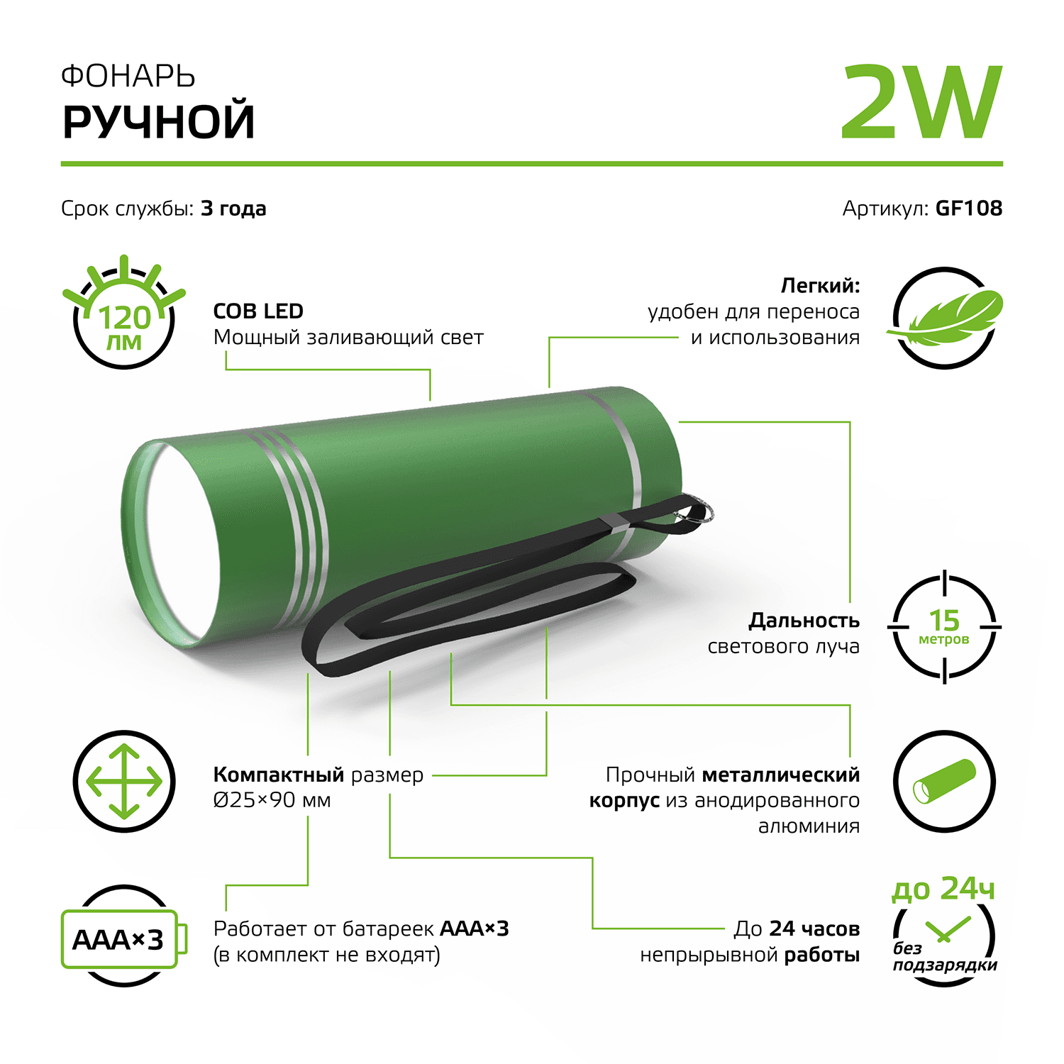Gauss Фонарь ручной модель GFL108 2W 120lm 3xAAA LED 1/12/144 GF108 — миниатюра 2