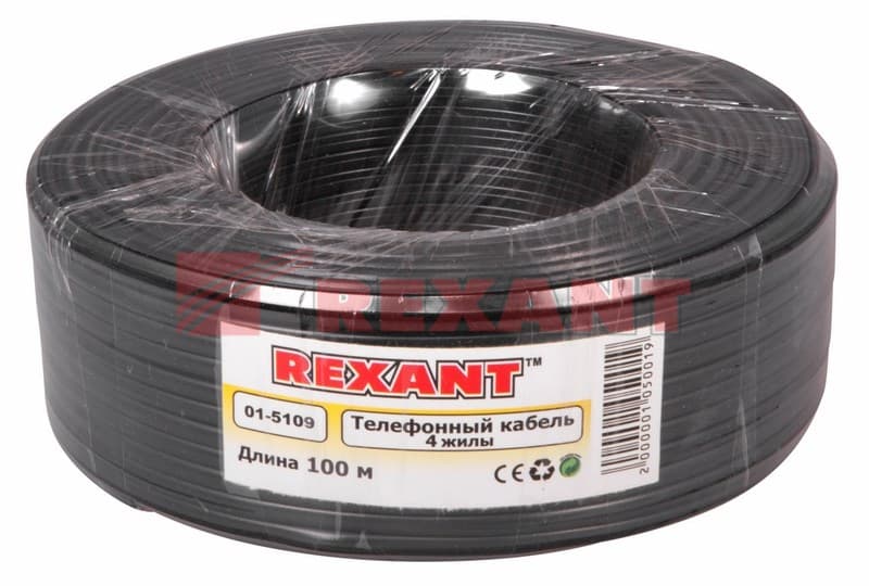 Кабель телефонный 4 жилы, 100 м., черный, (ШТЛП-4) Rexant 01-5109 — миниатюра 2