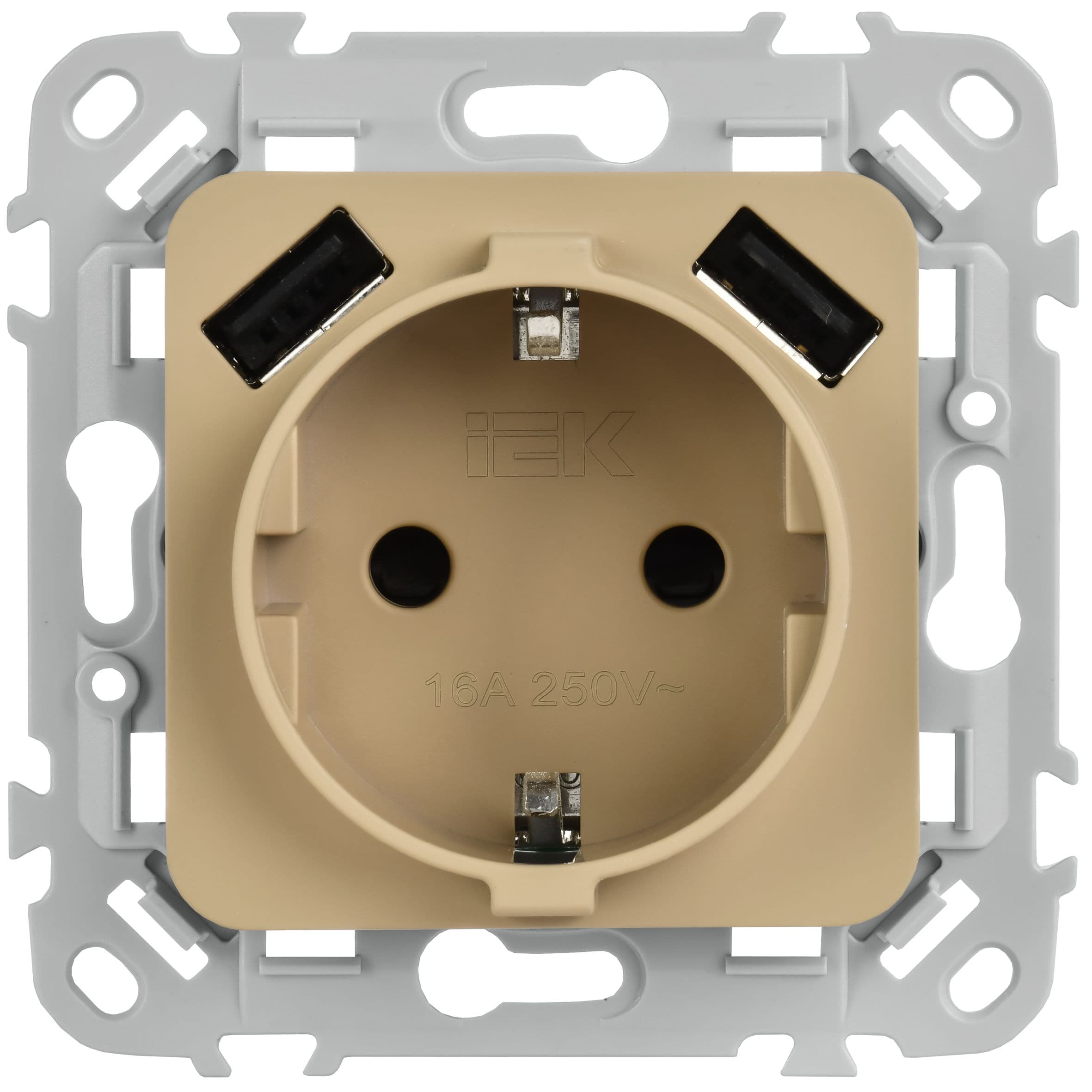 IEK FLITE Хаки Розетка 1-местная с заземлением с защитными шторками 16А с USB A+A 31А безвинтовое крепление — миниатюра 2
