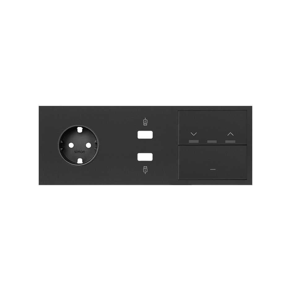 Simon 100 Черный матовый Кит 3 поста, фронт. Накладка на 1 розетку Schuko + 1 з/у 2xUSB + 1 клавиша выключателя + 1 клавиша жалюзи 10020306-238