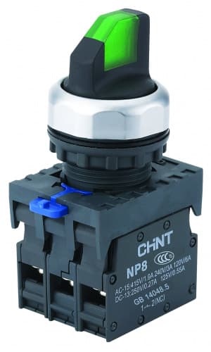 CHINT Переключатель с подсветкой NP8-11XD/213, 2 положения с фиксацией, 1НО+1НЗ зелёная AC110В-230В(LED) IP65 (R) 667149