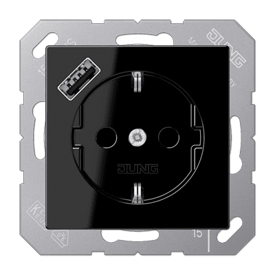 JUNG Розетка SCHUKO® с USB-зарядным устройством, тип А термопласт черный A1520-18ASW