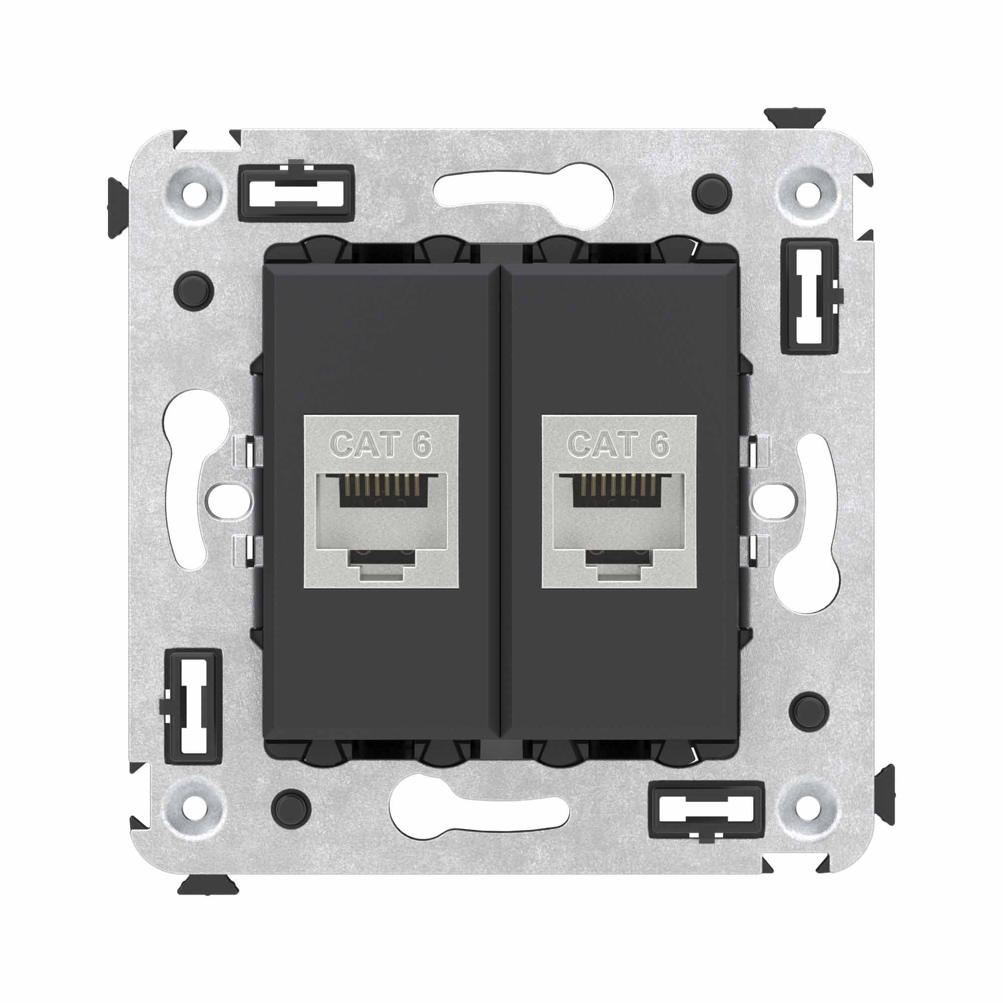 DKC Компьютерная розетка RJ-45 без шторки в стену, кат.6 двойная экранированная, "Avanti", "Черный матовый" — миниатюра 1