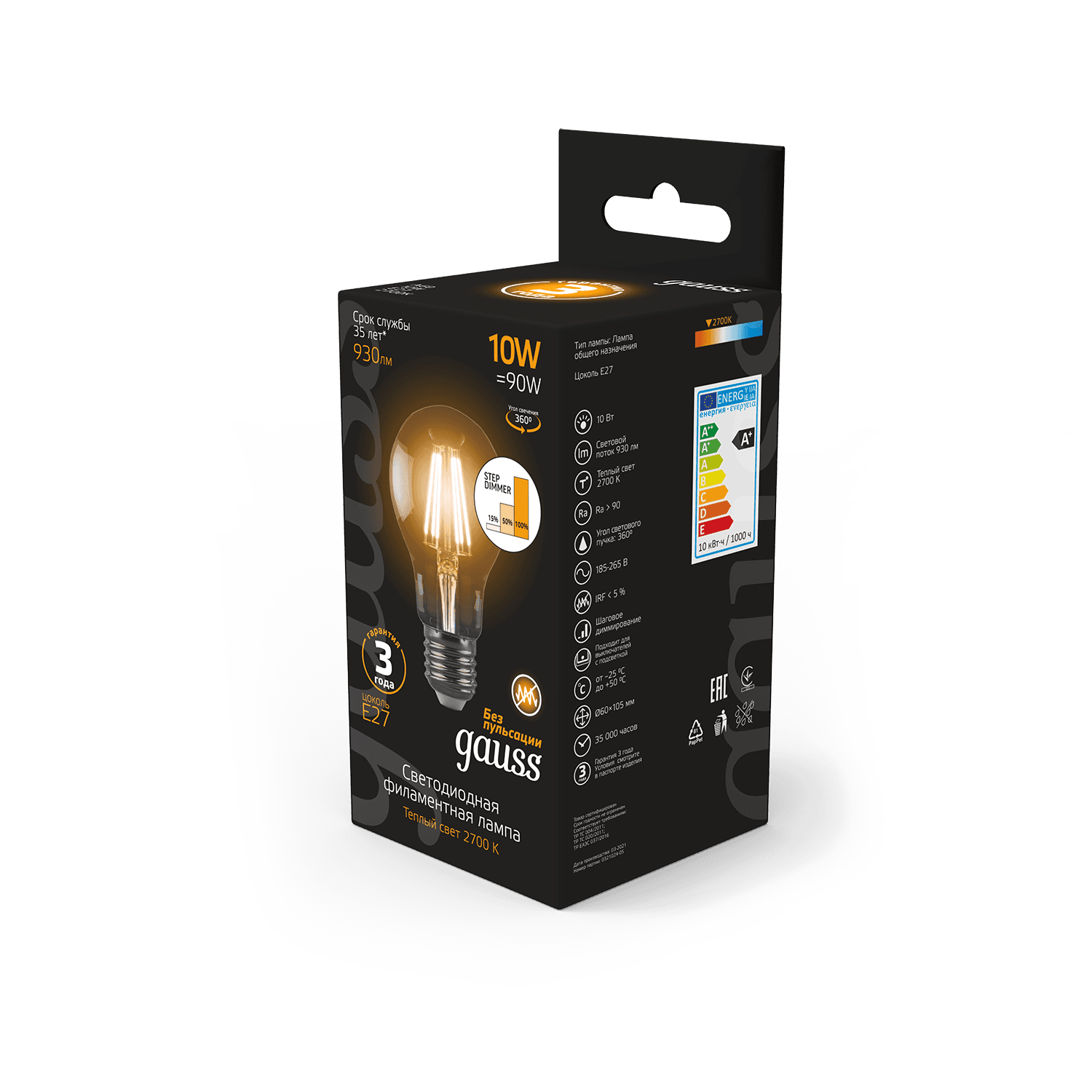 Gauss Лампа Filament А60 10W 930lm 2700К Е27 шаг. диммирование LED 102802110-S — миниатюра 4