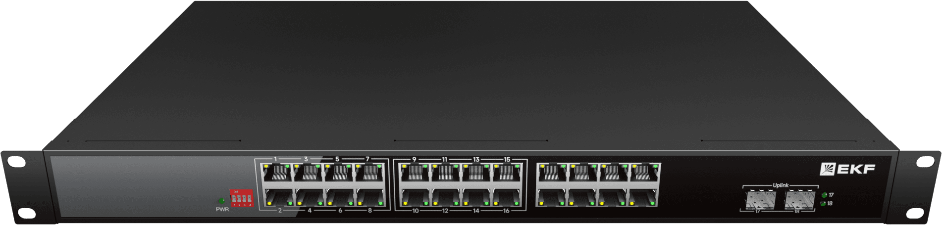 EKF Промышленный неуправляемый коммутатор U-2GX/SFP-24GTP-R, 2 порта 1000Base-X SFP, 24 порта 10/100/1000Base-T(X) RJ45 c PoE, монтаж в 19" стойку TSX