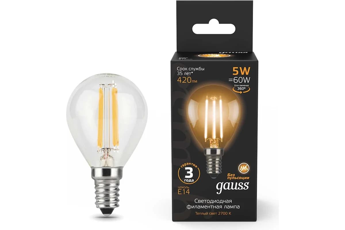 Gauss Лампа Filament Шар 5W 420lm 2700К Е14 LED 105801105