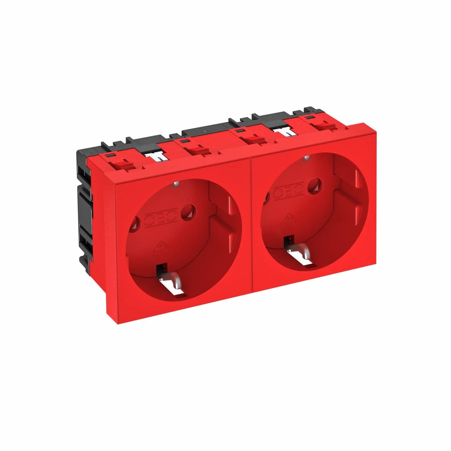 OBO Bettermann Розетка силовая 0° двойная 2х2К+З, 2 модуля Modul45, 45х90 мм, со шторками, 16А 250В красная 6120028