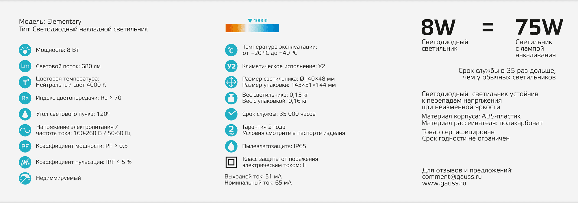 Gauss Светильник ЖКХ UNIVERSAL круг 8W 680lm 4000K 160-260V IP65 D140*51 белый LED 126411208 — миниатюра 2