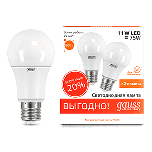 Gauss Лампа Elementary A60 11W 800lm 3000K E27 (2 лампы в упаковке) LED 23211P — миниатюра 1