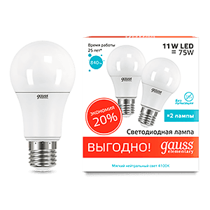 Gauss Лампа Elementary A60 11W 840lm 4100K E27 (2 лампы в упаковке) LED 23221P