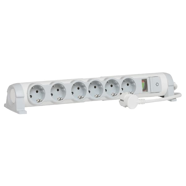 Legrand Безопасность Бело-серый Удлинитель 6x2К+З с выкл., кабель 1,5м, с ИПМ и защитой от перегрузок, фиксир. поворотный блок, возможно крепление к с 694646 — миниатюра 1
