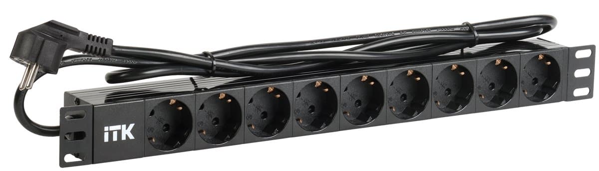 IEK ITK PDU Блок: 9 розеток, 1U, шнур 2м вилка ПВХ чер., немецкий стандарт PH22-9D1-P — миниатюра 1