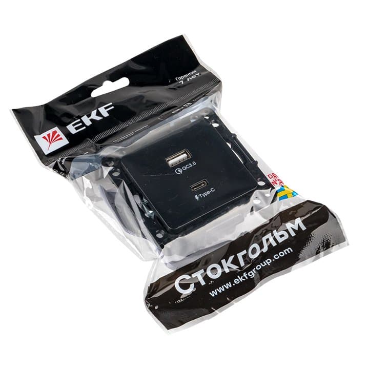 EKF PROxima Стокгольм Черный Розетка с 2USB type A+C — миниатюра 2