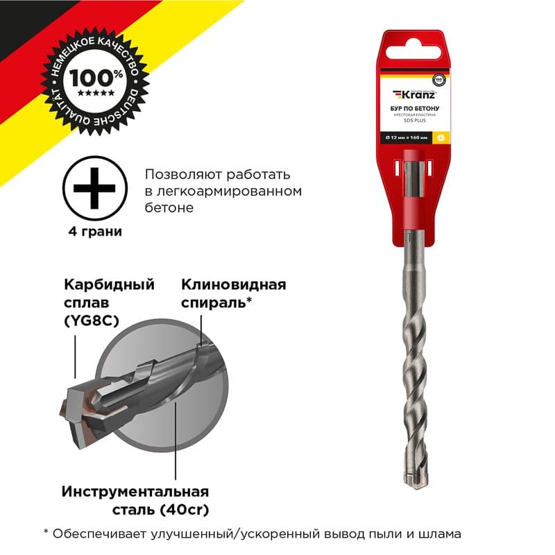 Бур по бетону 12x160x100 мм крестовая пластина SDS PLUS Kranz KR-91-0821