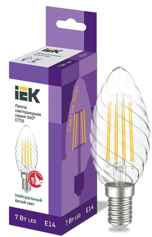 IEK Лампа LED CT35 свеча витая 7Вт 230В 4000К E14 серия 360°