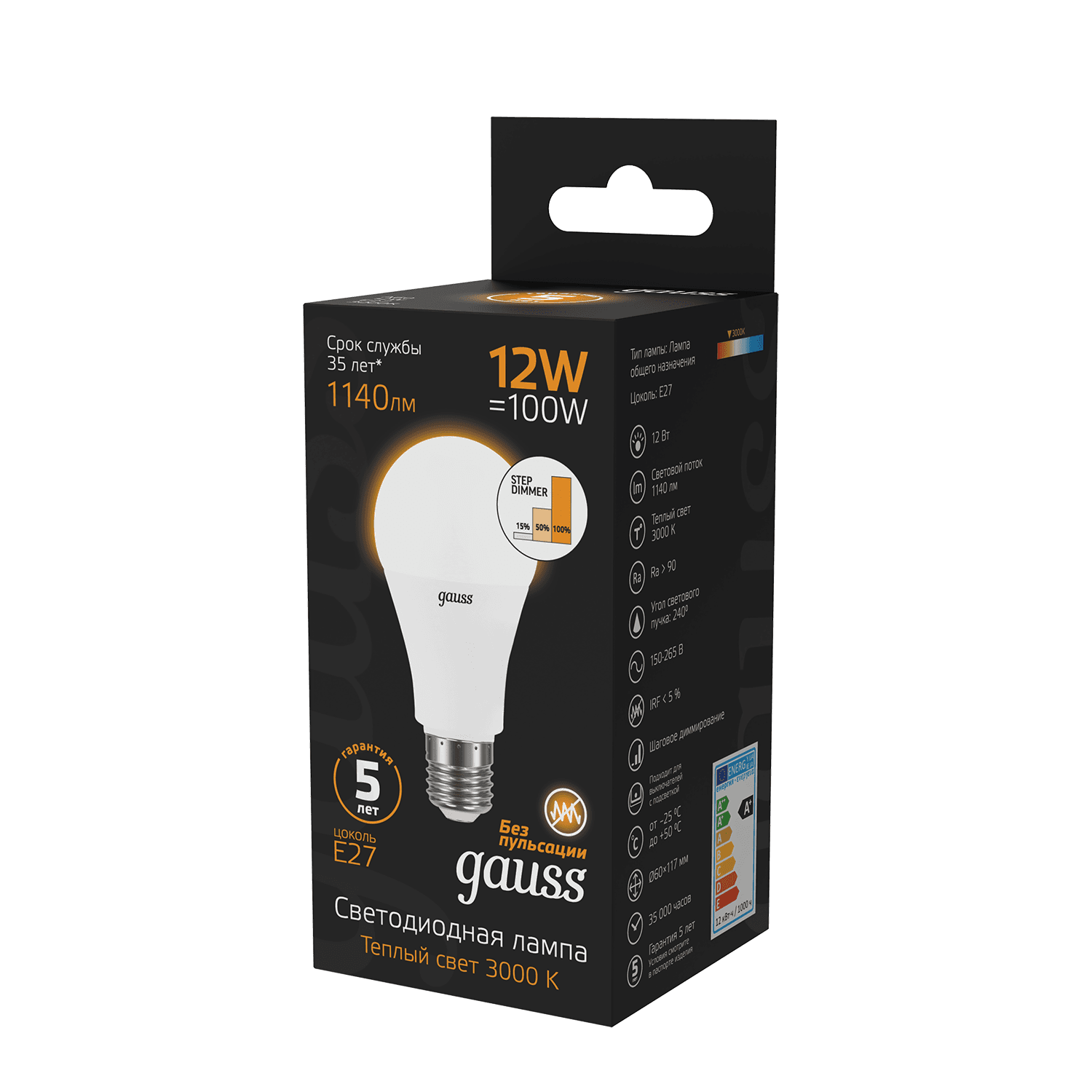 Gauss Лампа A60 12W 1140lm 3000K Е27 шаг. диммирование LED 102502112-S — миниатюра 3
