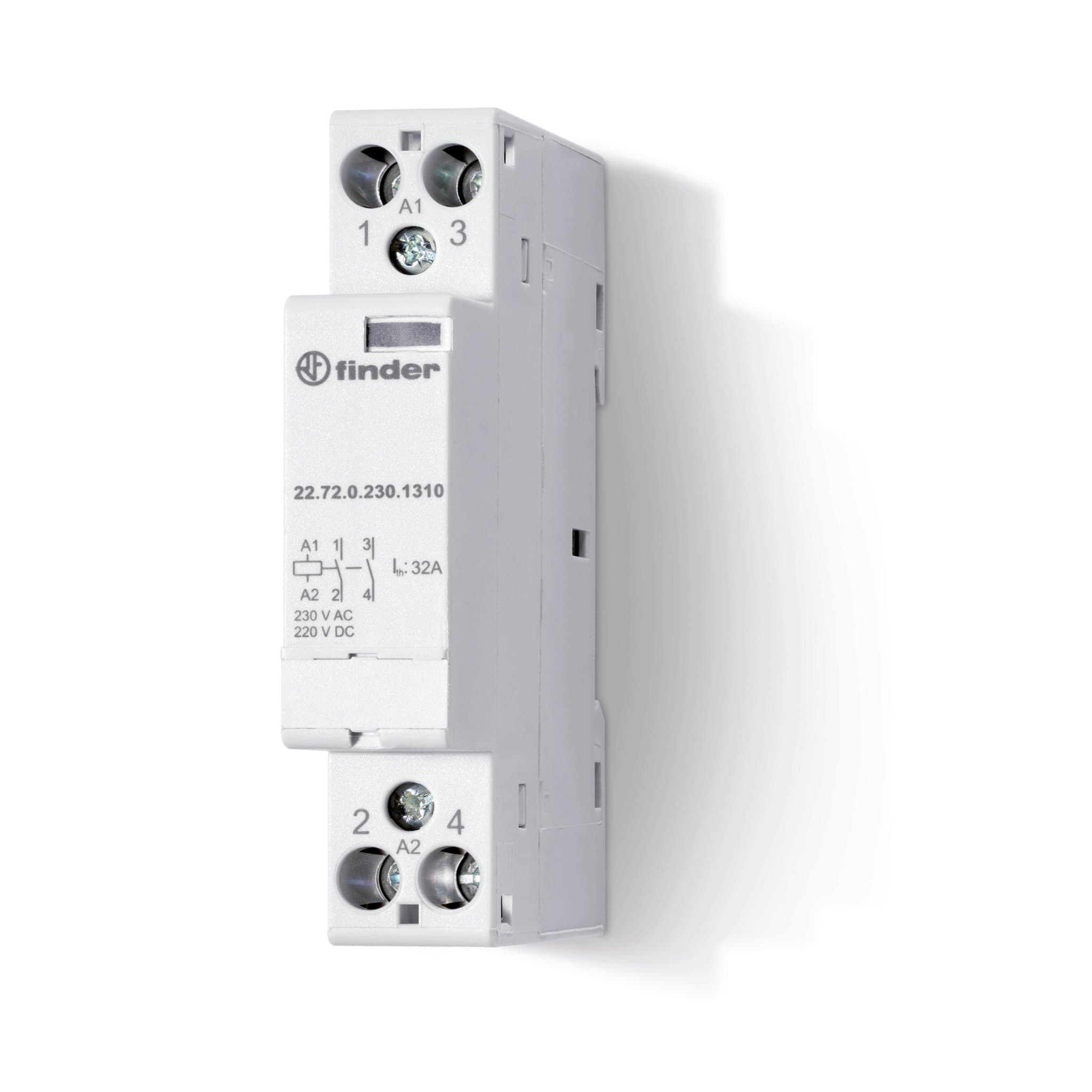 Finder Модульный контактор; 1NO+1NC 32А; контакты AgNi; катушка 240В АС/DC; ширина 17.5мм; степень защиты IP20; опции: мех.индикатор 227202301510