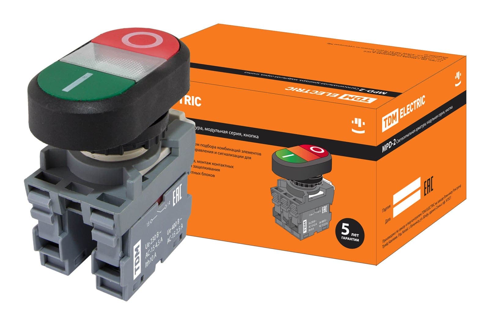 TDM Кнопка двойная MPD2-11С (зеленая/красная) (LED) в сборе d22мм/24В (I/O) линза прозрачная SQ0747-0061
