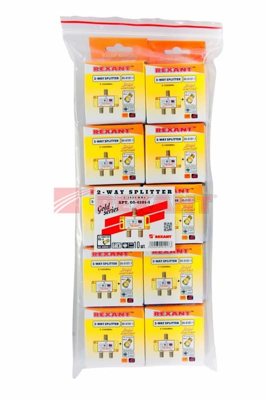 Делитель ТВ "краб" x 2 + 3шт. F "BOX" 5-1000 МГц "GOLD" Rexant 05-6101-1 — миниатюра 2