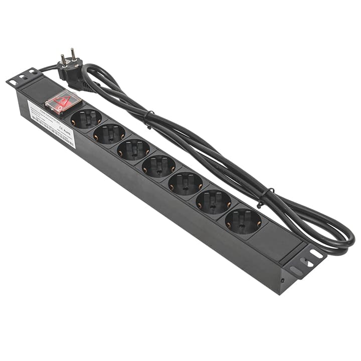 EKF Блок розеток PDU TERACOM 19" 1U 16А/250В 7 розеток Schuko с выключателем шнур питания длиной 2 метра сечение 3x1,5 мм2 вилка Schuko корпус пластик