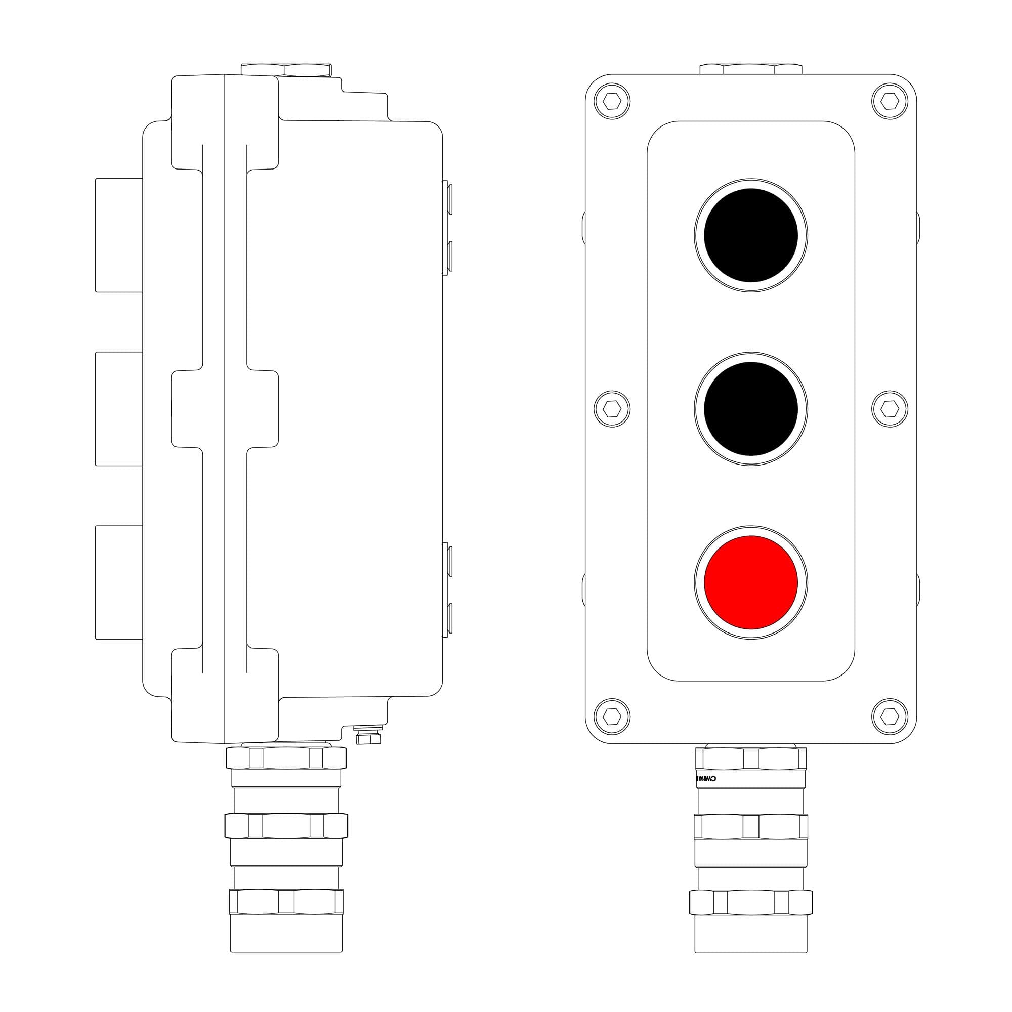 DKC Взрывонепроницаемый пост управления из алюминия LCSD-03-B-MC-P1B(11)x1-P1B(11)x1-P1R(11)x1-PCMB-KA3MHK / 1Ex d IIB T5 Gb / Ex tb IIIC T95°С Db IP6