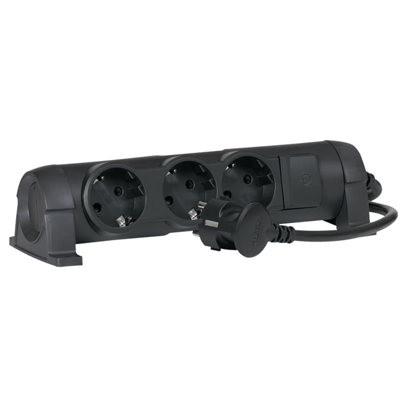 Legrand Комфорт Черный Удлинитель 3x2К+З с выкл., кабель 3м, фиксир. поворотный блок, возможно крепление к стене 694602
