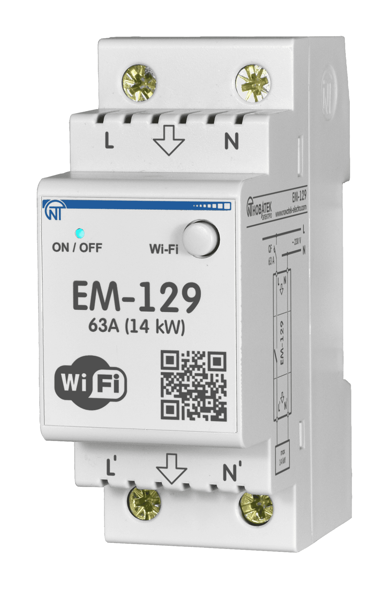 Новатек-Электро Wi-Fi многофункциональный таймерP, DIN с реле напряжения ограничением мощности и тока, счетчиком электроэнергии ЕМ-129,63А, 220В, 2P,