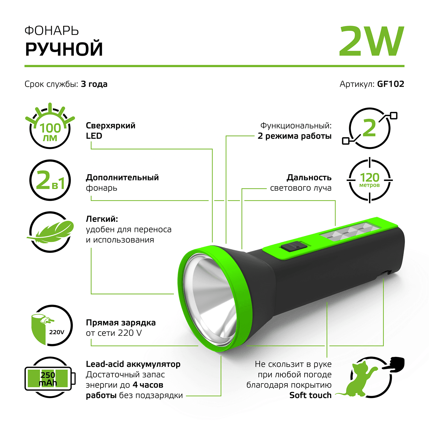 Gauss Фонарь ручной модель GFL102 2W 100lm lead acid 250mAh LED 1/10/120 GF102 — миниатюра 2
