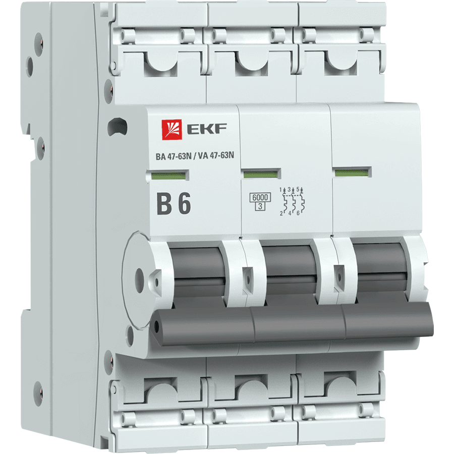 EKF Автоматический выключатель 3P 6А (B) 6кА ВА 47-63N PROxima M636306B — миниатюра 1