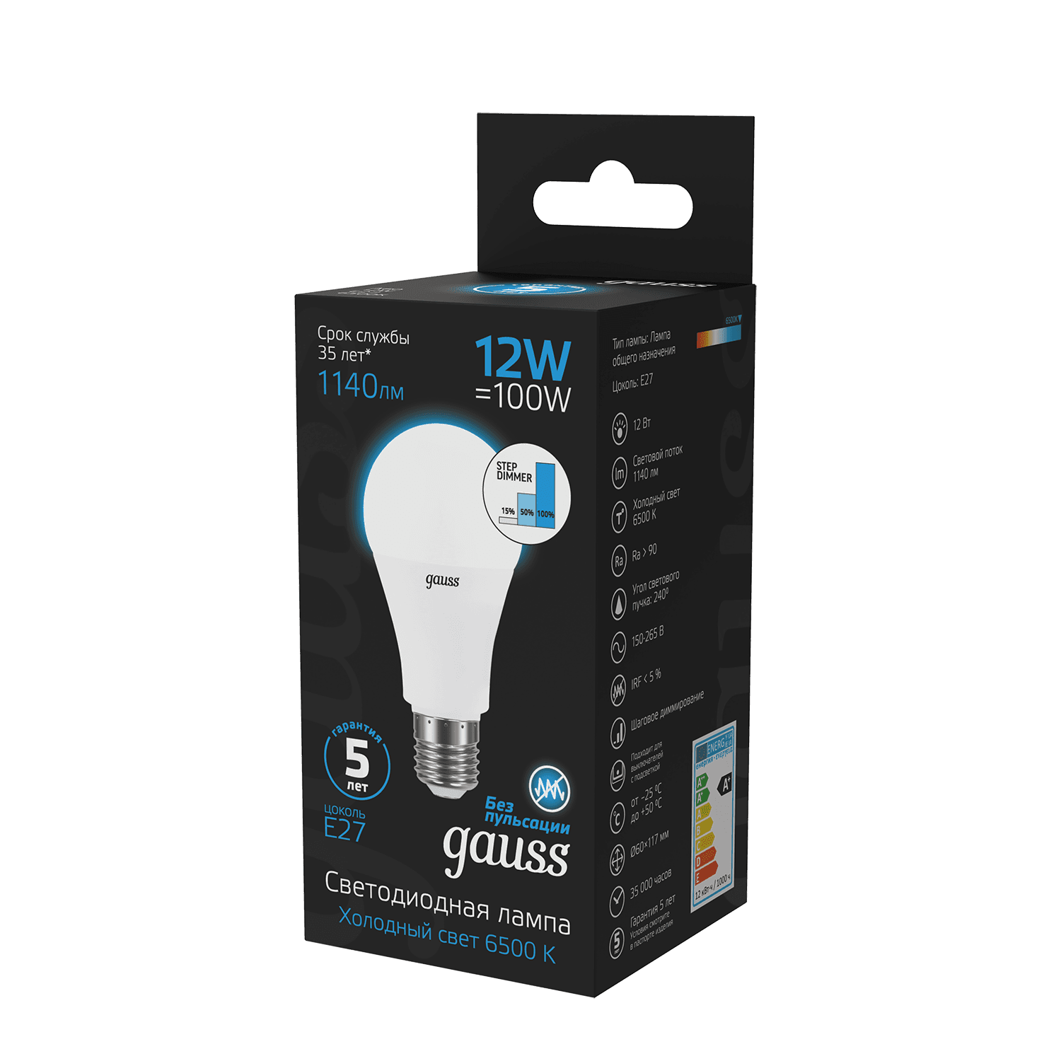 Gauss Лампа A60 12W 1140lm 6500K Е27 шаг. диммирование LED 102502312-S — миниатюра 3