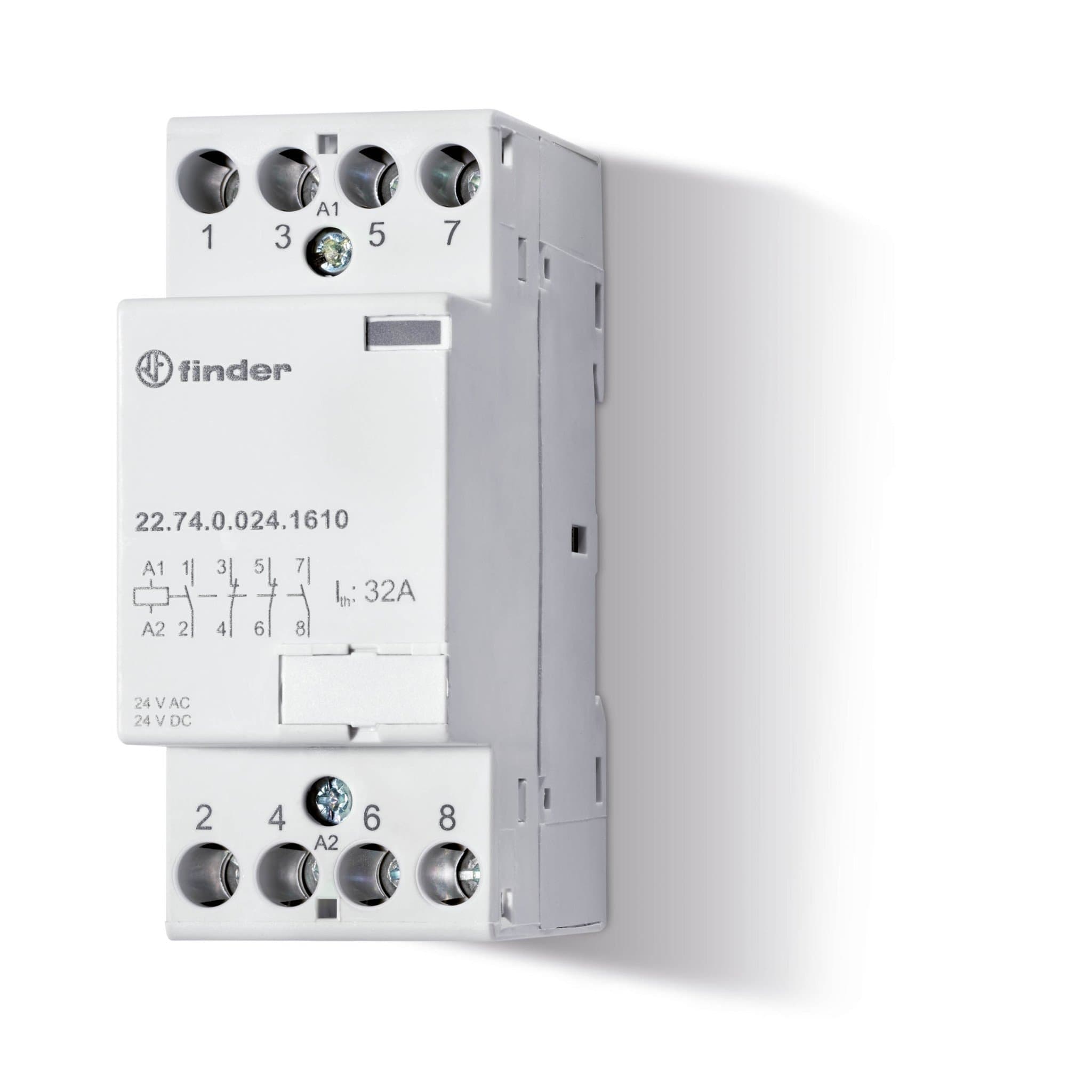 Finder Модульный контактор; 4NC 32А; контакты AgNi; катушка 240В АС/DC; ширина 17.5мм; степень защиты IP20; опции: мех.индикатор 227402301410