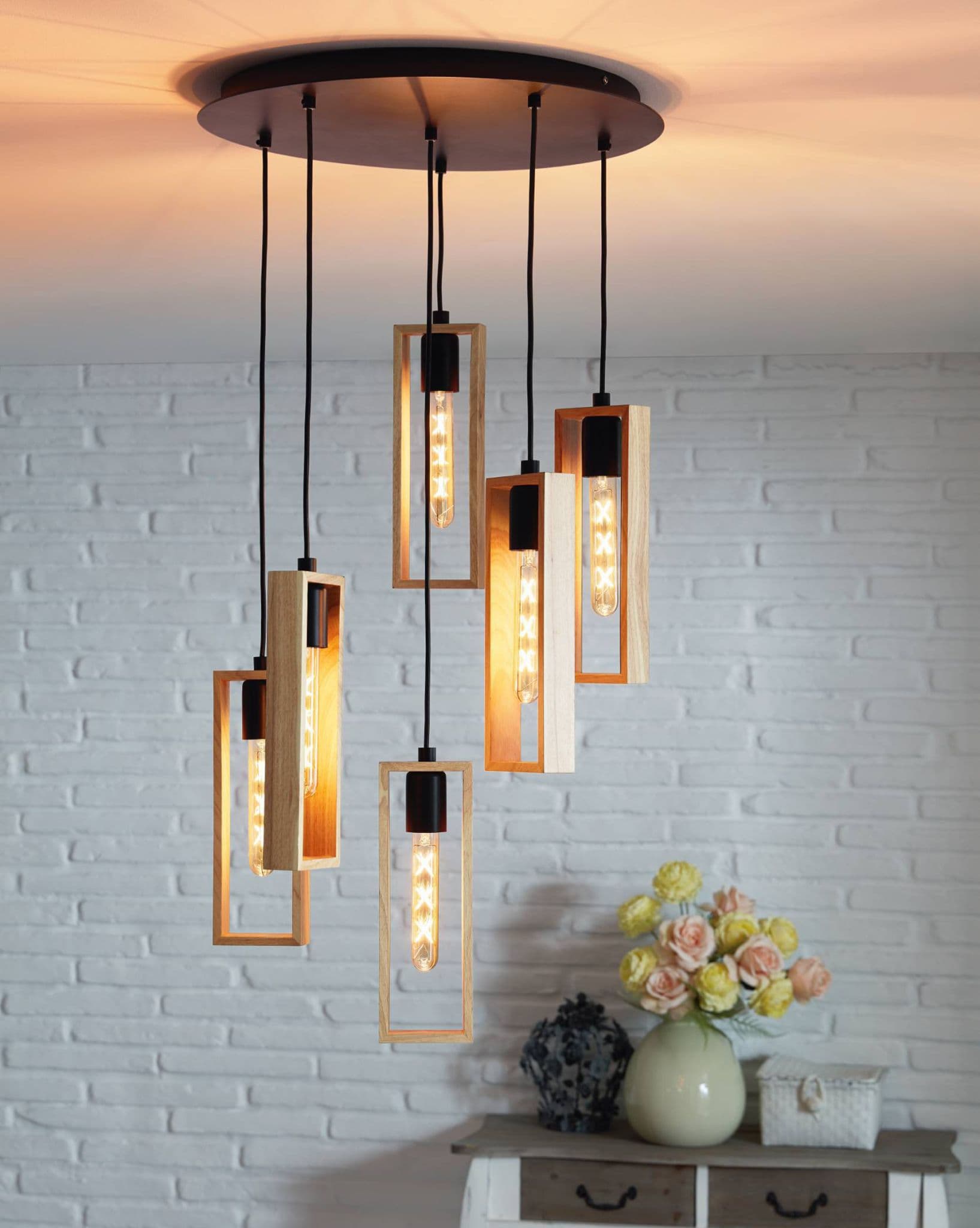Eglo 49549 Подвес LITTLETON, 6x60W (E27), 500, H1500, сталь, черный/дерево, коричневый — миниатюра 2
