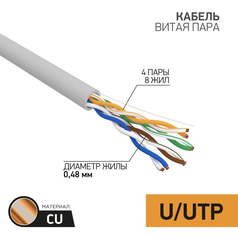 Кабель витая пара UTP 4PR 24AWG CAT5e,CU,100 МГц, PVC, серый, (бух 100м) PROconnect 01-0052-100
