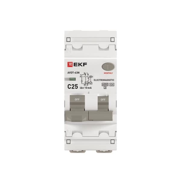EKF Автоматический выключатель дифференциального тока АВДТ-63N 1P+N 25А характеристика C 10мА тип A электромеханический 6кА PROXIMA — миниатюра 8